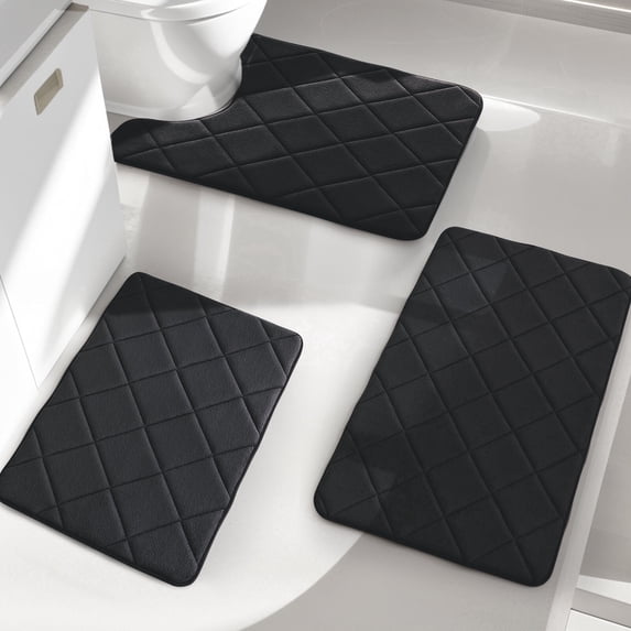 ChakmeOne Black Bathroom Rug Set Bath Mats 3 Piece with U Shape Toilet Rug Super Non-Slip Machine Washable Absorbent for Tub & Shower