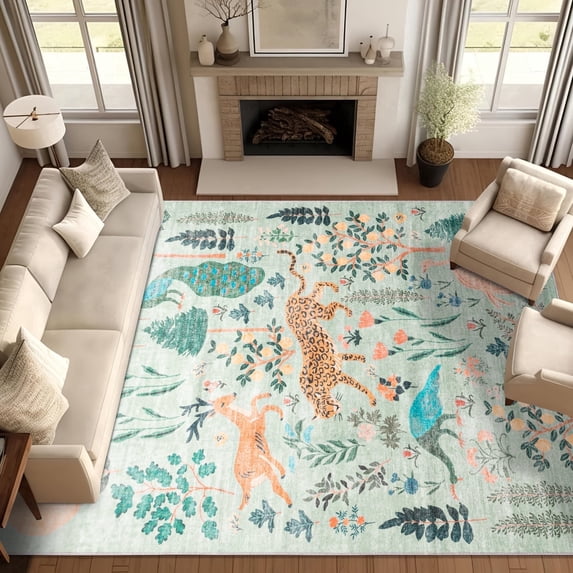 ChakmeOne 6x9 Area Rugs for Living Room,Green Animal Print Machine Washable Rugs,Non-Slip Stain Resistant,Low Pile Forest Carpets for Bedroom,Dining Room,Farmhouse,Office,Kitchen