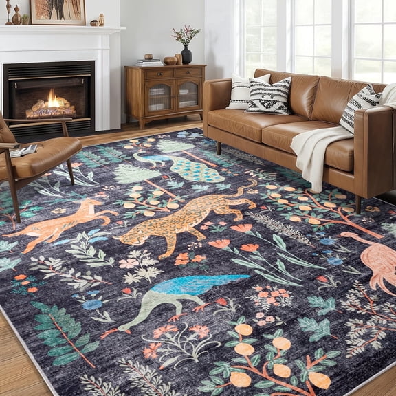 ChakmeOne 8x10 Area Rugs for Living Room,Black Animal Print Machine Washable Rugs,Non-Slip Stain Resistant,Low Pile Forest Carpets for Bedroom,Dining Room,Farmhouse,Office,Kitchen