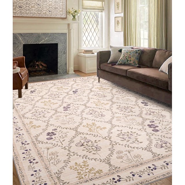 ChakmeOne Washable Rug for Bedroom Floral Rug,5x7 Area Rug, Non-Slip Low Pile Thin Indoor Area Rug for Dining Room, Nursery, Office, and Living Room