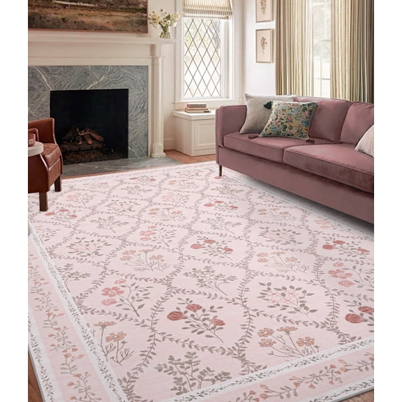 ChakmeOne Washable Rug for Bedroom Floral Rug,5x7 Area Rug, Non-Slip Low Pile Thin Indoor Area Rug for Dining Room, Nursery, Office, and Living Room