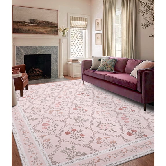 ChakmeOne Washable Rug for Bedroom Floral Rug,8x10 Area Rug, Non-Slip Low Pile Thin Indoor Area Rug for Dining Room, Nursery, Office, and Living Room