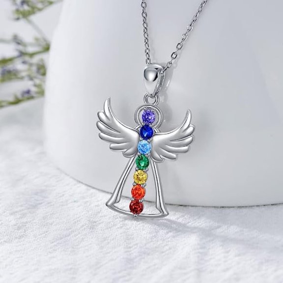 Chakra Angel Alloy Colorful Rhinestone Pendant Necklaces for Women Stainless Steel color 17.72 inch(45cm)