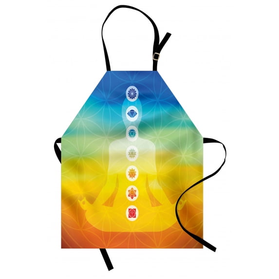 Chakra Apron Gradient Colored Digital Female Human Body with Central Sacred Chakra Points Design, Unisex Kitchen Bib Apron with Adjustable Neck for Cooking Baking Gardening, Multicolor, by Ambesonne
