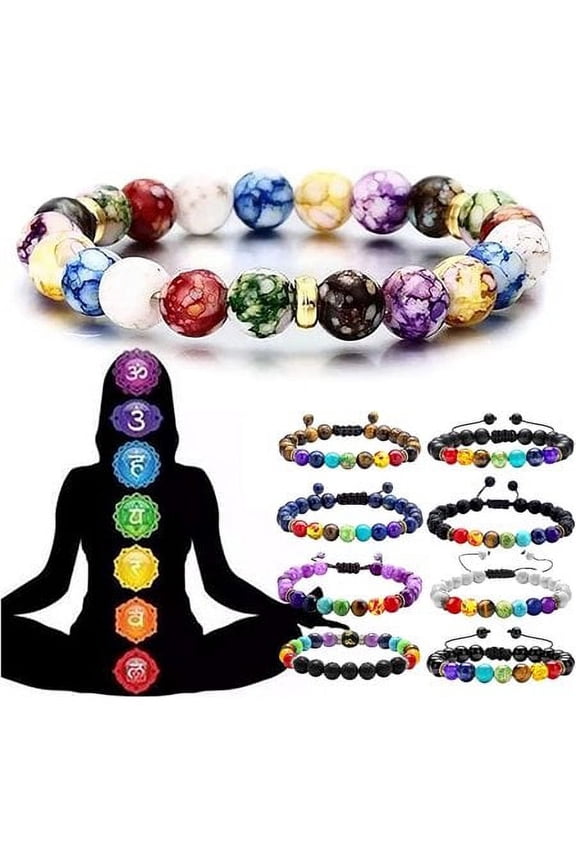 Chakra Bracelets for Women Natural Volcanic Stone 1Pcs 7 Chakras Crystals and Healing Stones Bracelets ,Crystal Bracelet Yoga Beaded Bracelets (A, One Size)