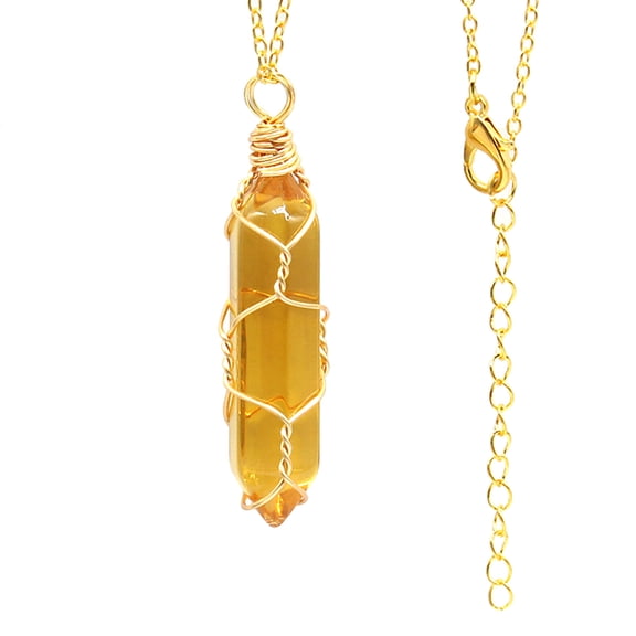 Chakra Crystal Pendant, Gaqring Natural Quartz Healing Necklace, Hexagonal Pointed Gemstone Pendant for Protection Luck Wealth, Yellow
