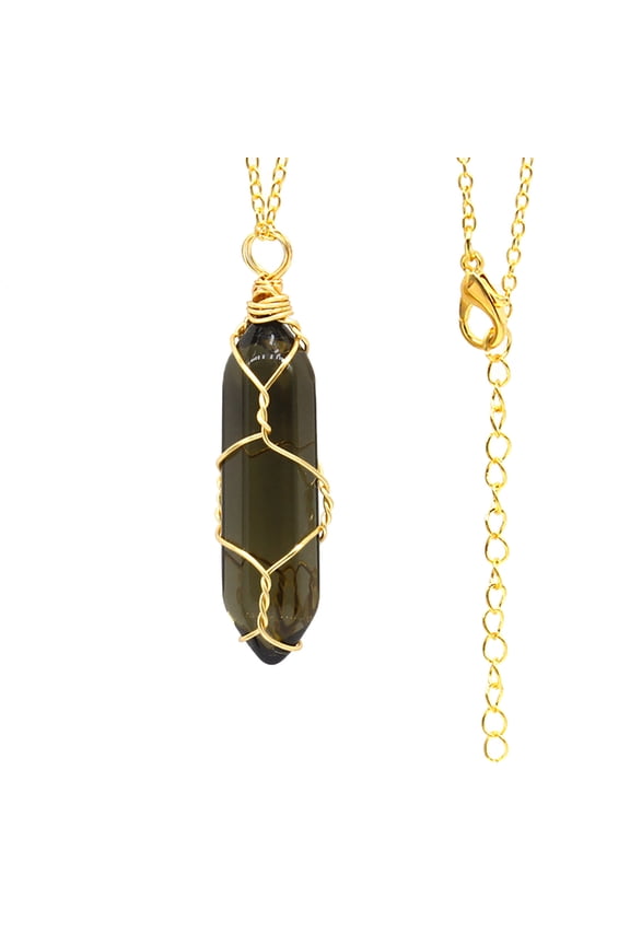 Chakra Crystal Pendant, Natural Quartz Healing Necklace, Hexagonal Pointed Gemstone Pendant with Chain for Protection Luck Wealth, Brown