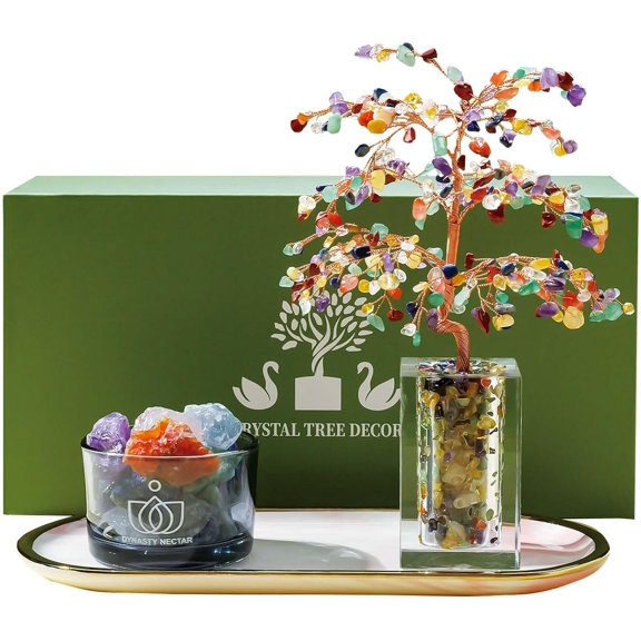 Chakra Crystal Tree of Life & Natural Crystal Ore Diffuser Set for Office Desk Living Room Home Decor - Gemstone Tree for Money Positive Energy Feng Shui Good Luck Gift for Women and Mom