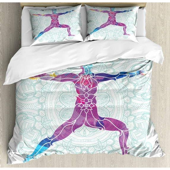 Chakra Decor King Size Duvet Cover Set, Girl on Yoga Warrior Pose with Lotus Petal Lines and Shapes Boho Art Print, Decorative 3 Piece Bedding Set with 2 Pillow Shams, Purple Blue, by Ambesonne