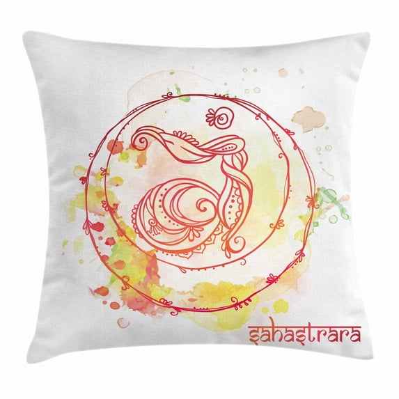 Chakra Decor Throw Pillow Cushion Cover, Round Sketchy Chakra Wheel with Watercolor Splashes Brushstrokes Ground Image, Decorative Square Accent Pillow Case, 16 X 16 Inches, Red Yellow, by Ambesonne