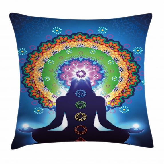 Chakra Decor Throw Pillow Cushion Cover, Silhouette of Woman Doing Yoga with Vertical Blending Effects and Mesh Peace Motif, Decorative Square Accent Pillow Case, 18 X 18 Inches, Multi, by Ambesonne