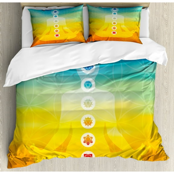 Chakra Duvet Cover Set King Size, Gradient Colored Digital Female Human Body with Central Sacred Chakra Points Design, Decorative 3 Piece Bedding Set with 2 Pillow Shams, Multicolor, by Ambesonne