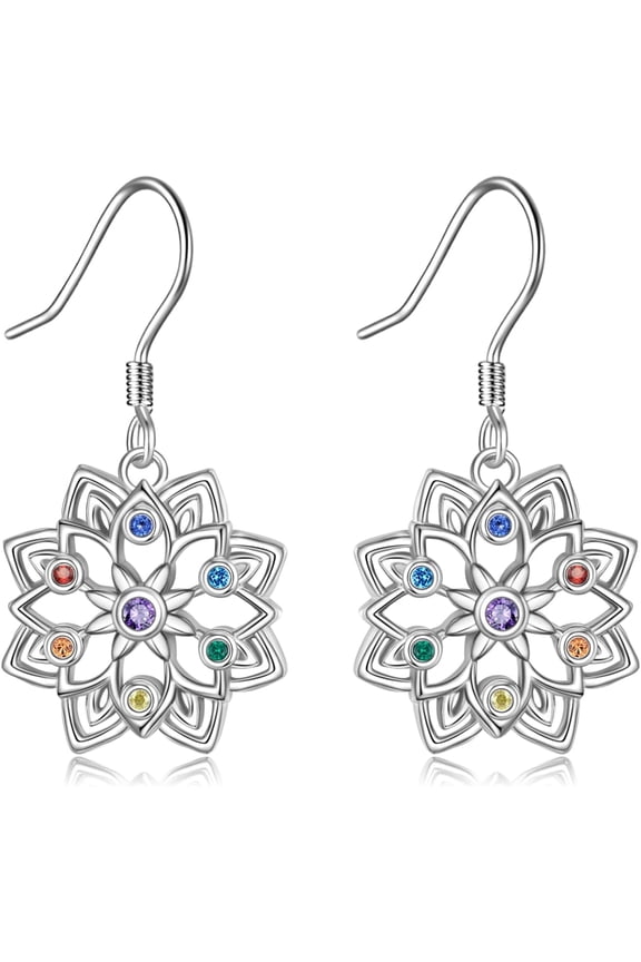 Chakra Earrings 925 Sterling Silver Chakra Lotus Earrings Lotus Flower dangle Drop Earrings Yoga Jewelry Gift for Women