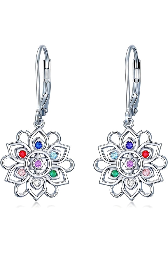Chakra Earrings Lotus Flower for Women 925 Sterling Silver 7 Chakra Stones Leverback Earrings Lotus Flower Jewelry for women