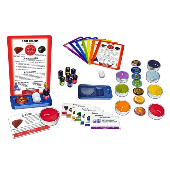 Chakra Healing Altar Meditation Kit - Seven each Engraved Symbols Stones, Healing Cards, Essential Oil Blends, Scented Candles