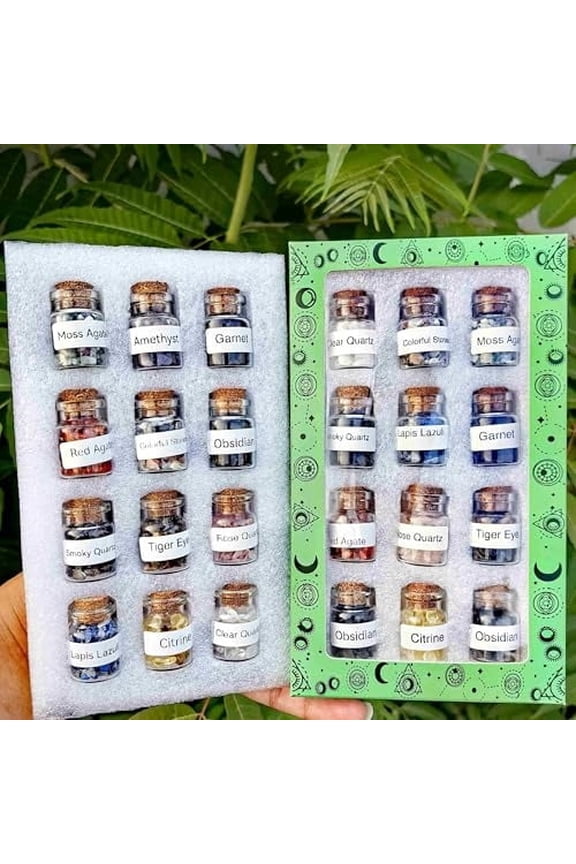 Chakra Healing Crystal Stones Set - 12 Pack Gemstone Bottles for Wicca, Witchcraft, Positive Energy & Spiritual Healing