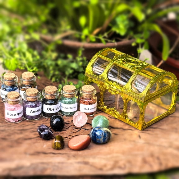 Chakra Healing Crystals Set Natural Gemstone Bottles for Reiki, Wiccan Spellwork Energy Balancing, Handmade Amethyst Cluster Gift Box