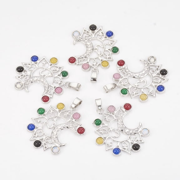 Chakra Jewelry Alloy Gemstone Pendants Moon Platinum 39x35x3.5mm Hole: 6x3mm