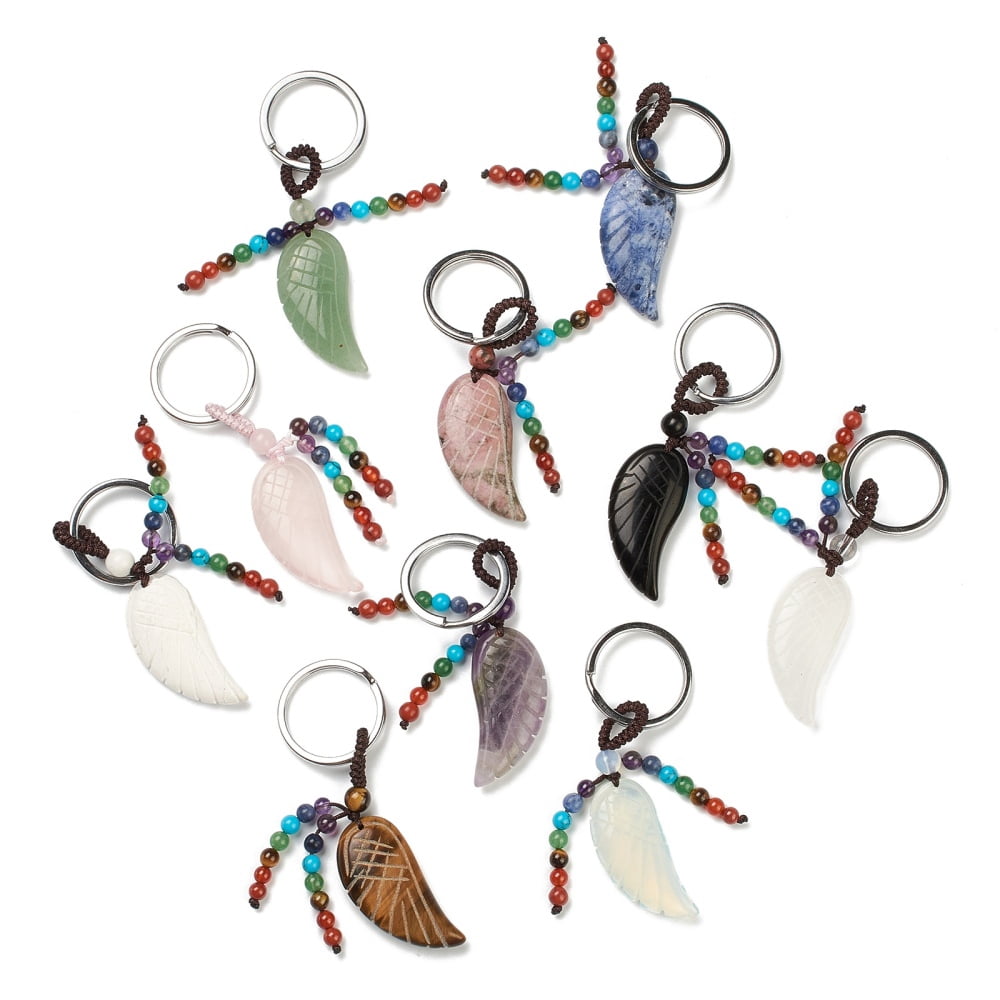 Chakra Jewelry Gemstone Keychain with Brass Split Key Rings and Nylon Thread Carved Wing Platinum 7.5cm