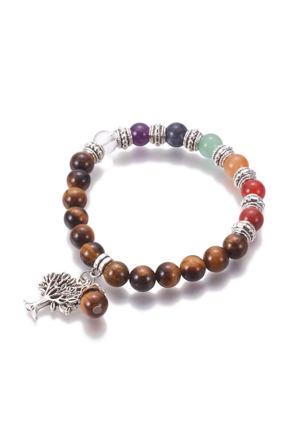 Chakra Jewelry Natural Tiger Eye Bracelets with Metal Tree Pendants 50mm Tiger Eye