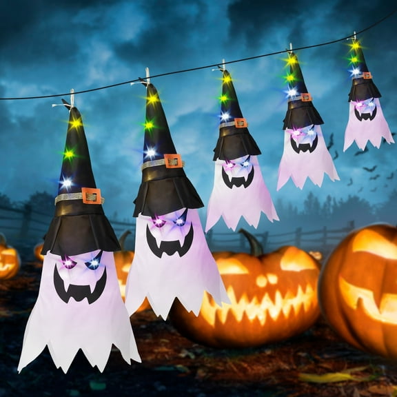 Chakra Long lasting Flying Ghost String Lights - Battery Control LED Halloween Lights with 5 Hanging Ghosts with Long Witch Hat - IP65 Waterproof For Outdoor Halloween Party Decorations - 9.85 ft
