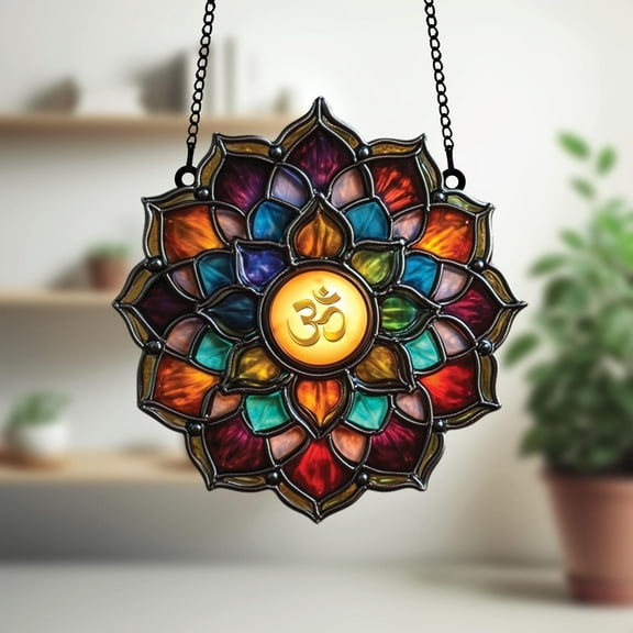 Chakra Lotus Suncatcher with Glowing Om Symbol, Acrylic Window Hanging Mandala in Rainbow Colors, Yoga Meditation Decor Gift