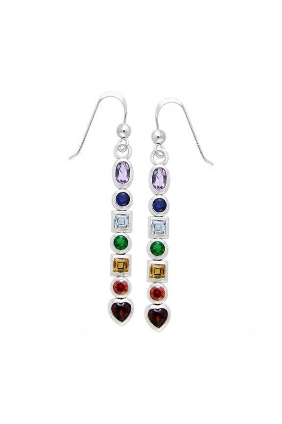 Chakra Mixed Gemstone 925 Sterling Silver Earrings Fine Spiritual Jewelry