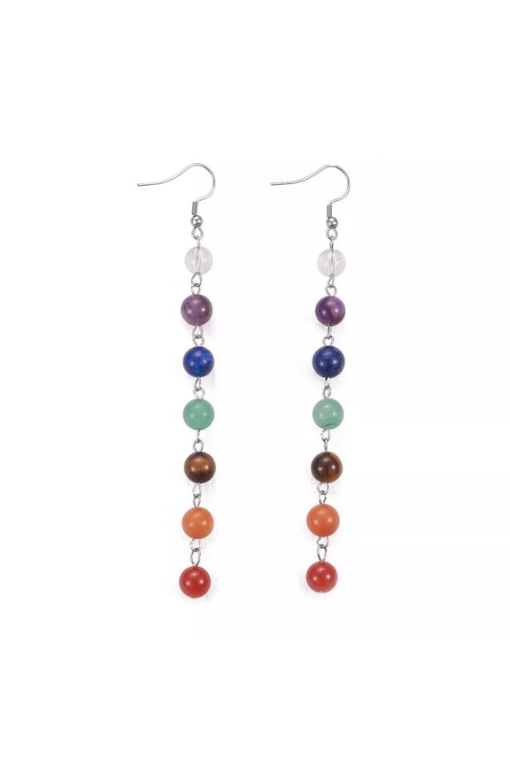 Chakra Mixed Gemstone Dangle Earrings Stainless Steel 117Mm 96X8.5Mm 0.7Mm Z297