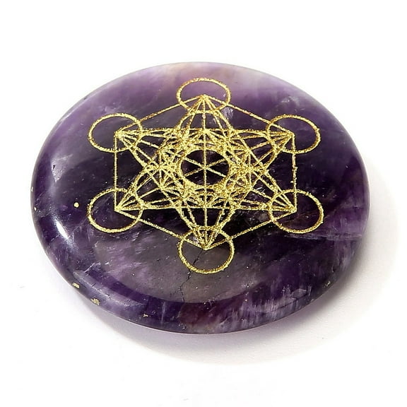 Chakra Natural Amethyst Flat Round Palm Stones Healing Stone with Engraved Metatron's Cube 30mm