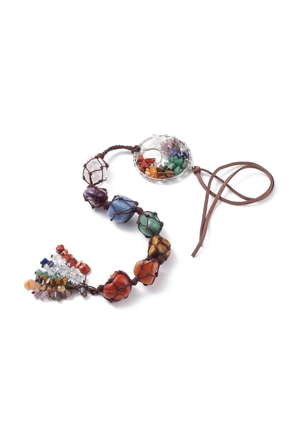 Chakra Natural Mixed Gemstone Woven Pendant Decorations with Brass Linking Rings & Faux Suede Cord Tree of Life 585mm