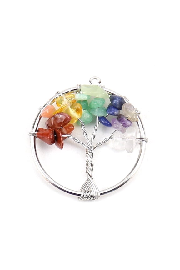 Chakra Natural Mixed Stone Tree fo Life Pendants Iron Ring Chip Gems Tree Charms Platinum 30mm