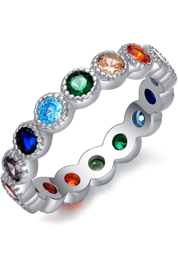 Chakra Ring 925 Sterling Silver Round 7 Colorful Cubic Zirconia Chakra Rainbow Ring for Women