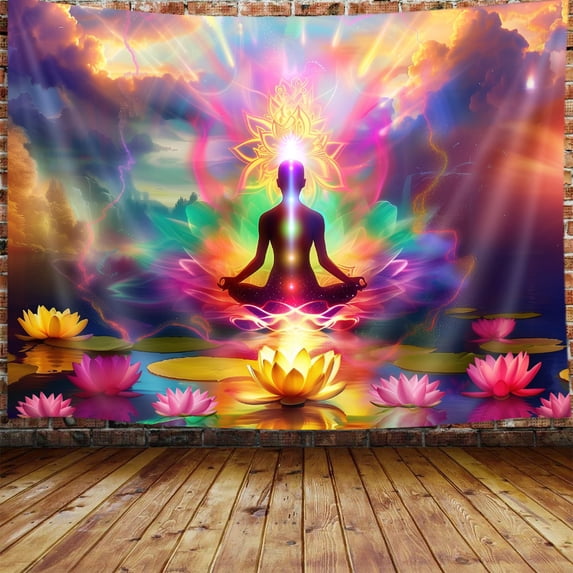 Chakra Spiritual Tapestry, Yoga Room Pink Lotus Zen Hippie Tapestry Wall Hanging for Bedroom, Colorful Mandala Tapestries Poster Dorm Meditation Accessories Home Decor 60X40Inches