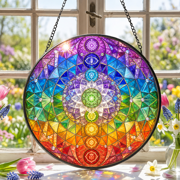 Chakra Stained Glass Suncatcher Rainbow Mandala Window Hanging Gift