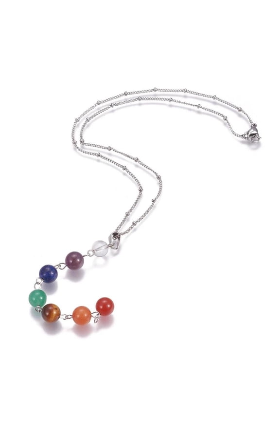 Chakra Stainless Steel Pendant Necklace Mixed Stone Rondelle Silver 16.5" Z508