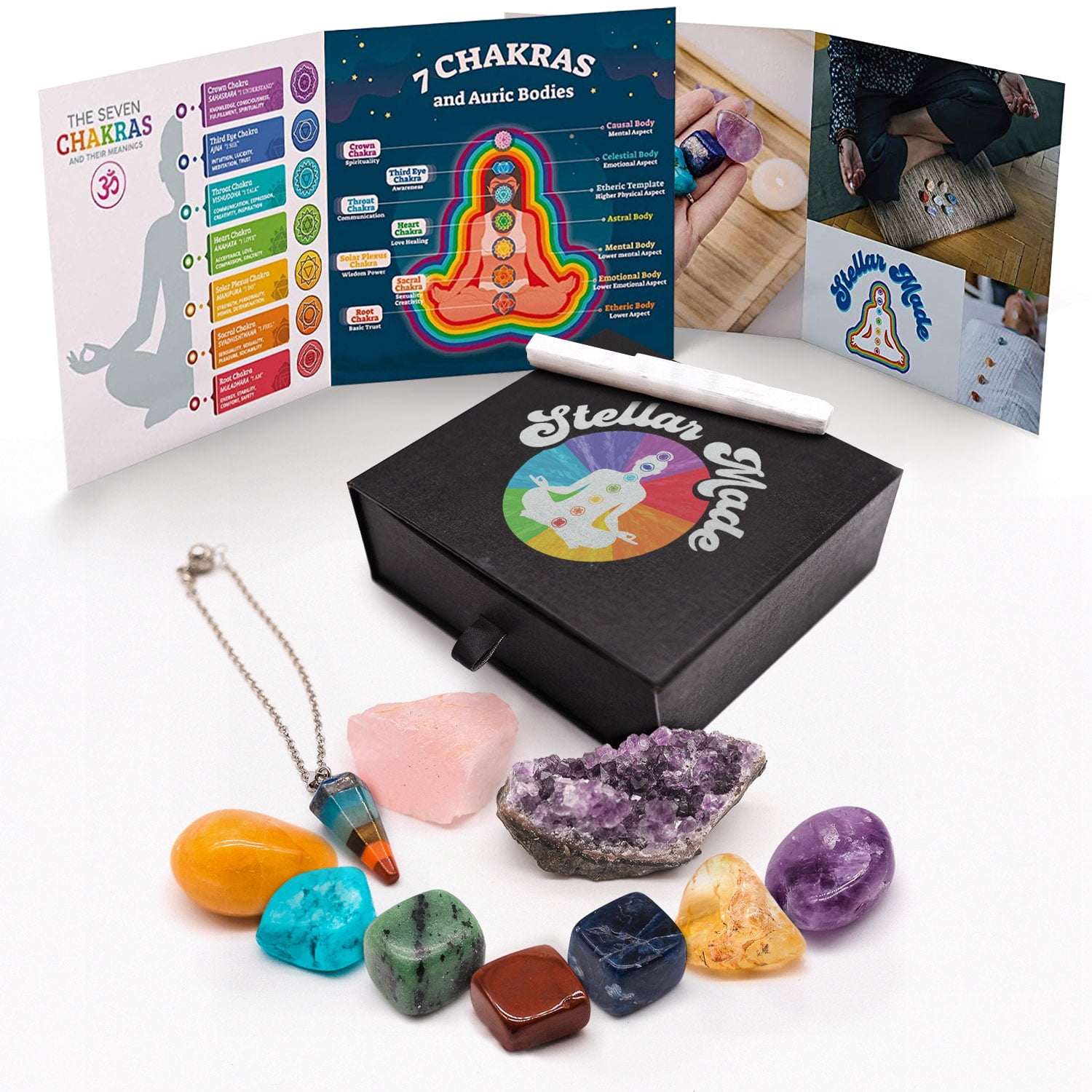 Chakra Stones Crystal Set - Includes 7 Cluster Healing Stones, 3 Crystals, and a Pendulum - for Meditation, Yoga, Energy Healing, and More - Crystal Chakra Stones Crystal Set - Includes 7 Cluster Healing Stones, 3 Crystals, and a Pendulum - for Meditation, Yoga, Energy Healing, and More - Crystal