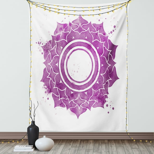 Chakra Tapestry, Watercolor Flower with Sketch Splashes around Universe Ethereal Artwork Print, Wall Hanging for Bedroom Living Room Dorm Decor, 60W X 80L Inches, Purple White, by Ambesonne