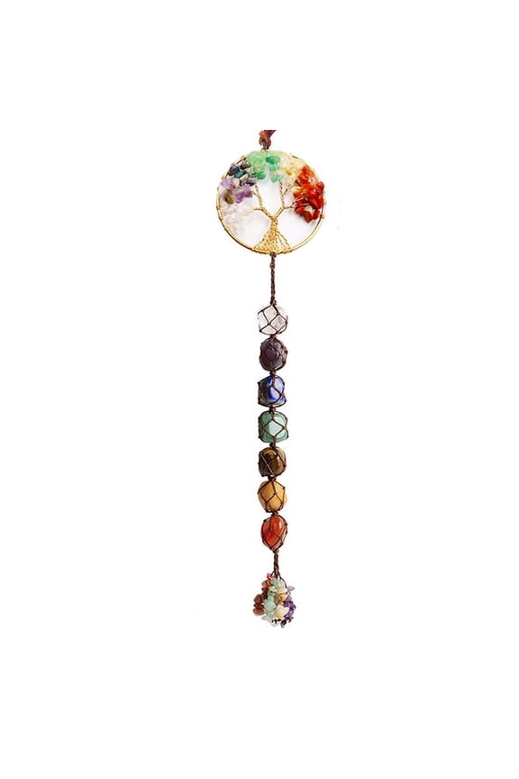 Chakra Theme Big Pendant Decorations Hand Knitting with Natural Gemstone Beads and Stone Chips Tassel Flat Round with Tree of Life Golden 35cm