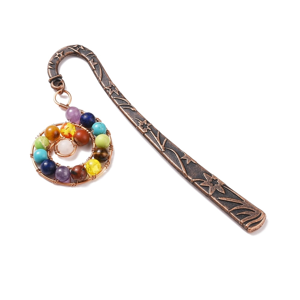Chakra Theme Gemstone Beaded Bookmarks with Tibetan Style Alloy Stick for Student Office Birthday Present Red Copper 120x24x4mm