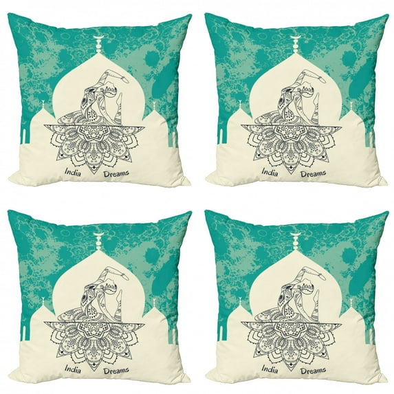Chakra Throw Pillow Cushion Case Pack of 4, Grungy Display Vintage Image with Dancing Lady Generated with Angled Print, Modern Accent Double-Sided Print, 4 Sizes, Blue Beige, by Ambesonne