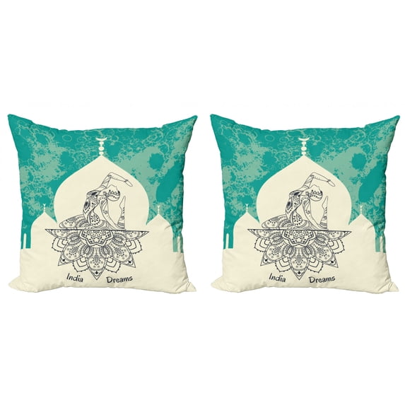 Chakra Throw Pillow Cushion Cover Pack of 2, Grungy Display Vintage Image with Dancing Lady Generated with Angled Print, Zippered Double-Side Digital Print, 4 Sizes, Blue Beige, by Ambesonne