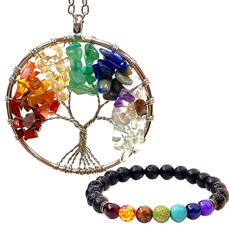Chakra Tree of Life Crystal Gemstone Necklace w/ Chakra Oil Diffuser Bracelet, Gift Boxed Set