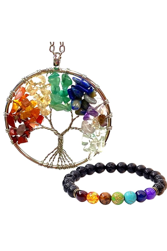 Chakra Tree of Life Crystal Gemstone Necklace w/ Chakra Oil Diffuser Bracelet, Gift Boxed Set