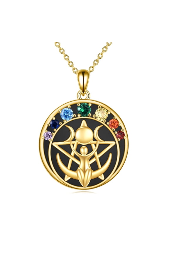 Chakra Triple Moon Goddess Necklace for Women Gold Plated Sterling Silver 7 Chakra Pentagram Triple Moon Wiccan Necklace with Black Onyx Spiritual Jewelry Gift for Her