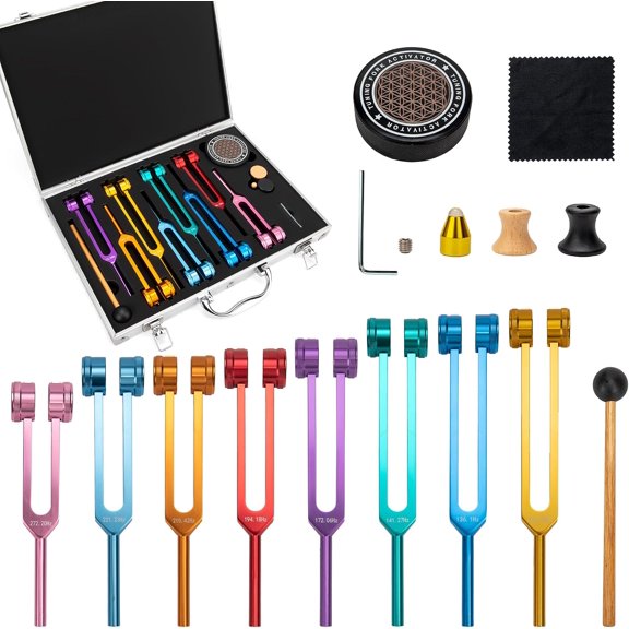 Chakra Tuning Fork Set for Healing Multicolour 7 Chakra and 1 Soul Purpose Weighted Solfeggio Tuning Forks with Exquisite Aluminum Box and Tuning Fork Activator for Chakra Healing Yoga Meditation