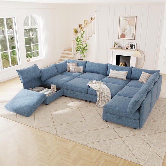Chalantevo 128" Modular Sectional Sleeper Sofa Bed with Storage & Washable Covers,10-Seater Chenille,Movable Ottoman,for Living Room,Blue
