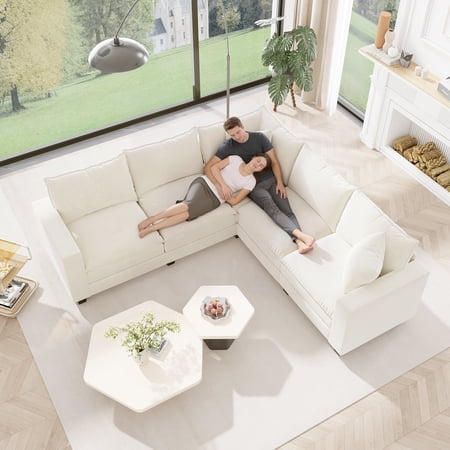 Chalantevo Modular Sectional Sofa, 97" Chenille V-Shaped Couch with Storage Armrests,Beige