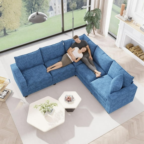Chalantevo 5-Seat Modular Sectional Sofa, 97" Chenille V-Shaped Couch with Storage Armrests,Blue