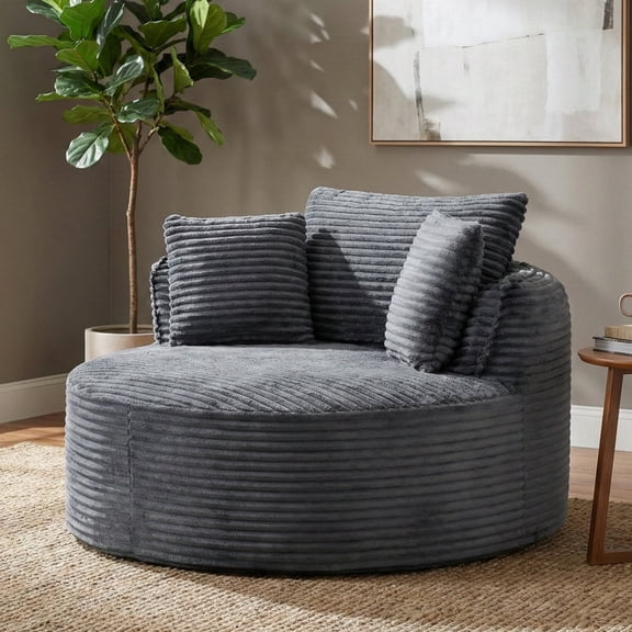 Chalantevo 53.5" Modern Round Corduroy Chaise Lounges with Pillows, Boneless Foam Accent Lounge Chair