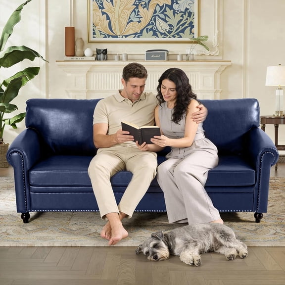 Chalantevo 78.75" Mid-Century Faux Leather 3-Seater Sofa, Rolled Arms with Nailhead Trim, Solid Wood Frame, for Living Room, Apartment, Blue